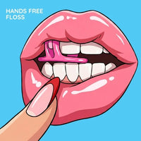 Illustration of Gfloss hands-free floss held between the teeth, no hands needed