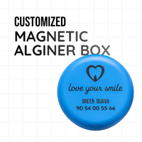 Customized Magnetic Aligner Box — blue box engraved with a clinic name, logo and phone number