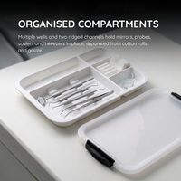 Tray compartments holding dental mirrors, probes, scalers and tweezers