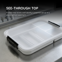 Frosted see-through lid showing the prepared instrument set-up inside